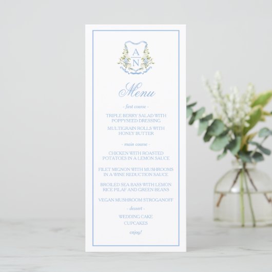 Blue Hydrangea Crest Monogram Wedding Menu メニュー (スタンド正面)