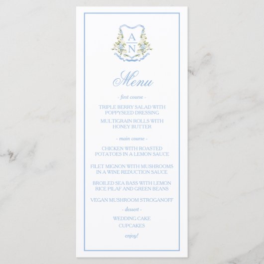Blue Hydrangea Crest Monogram Wedding Menu メニュー (正面)