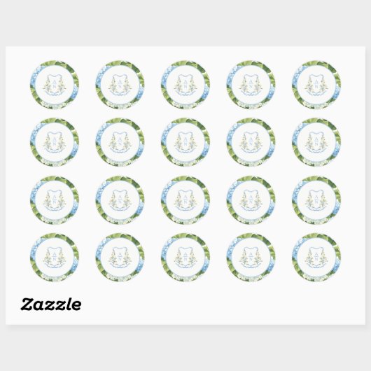 Blue Hydrangea Crest Monogram Wedding Stickers ラウンドシール (シート)