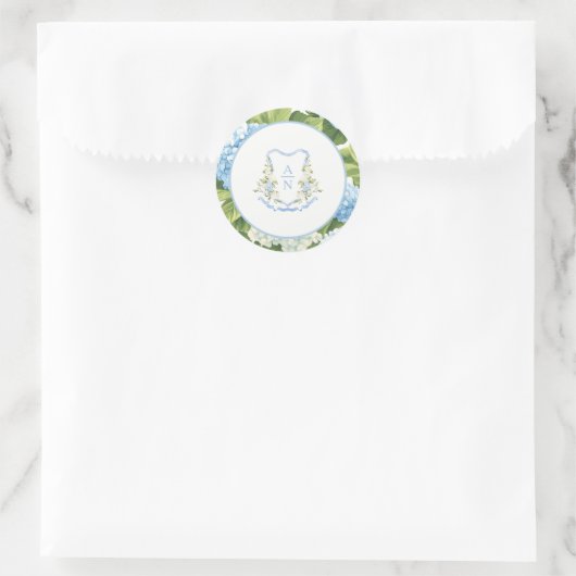 Blue Hydrangea Crest Monogram Wedding Stickers ラウンドシール (バッグ)