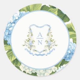 Blue Hydrangea Crest Monogram Wedding Stickers ラウンドシール