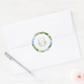 Blue Hydrangea Crest Monogram Wedding Stickers ラウンドシール (封筒)