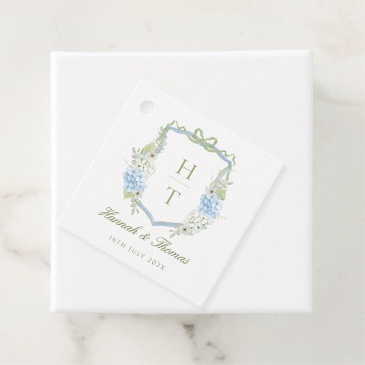 Blue Hydrangea Crest Wedding Monogram フェイバータグ (インサイチュ)