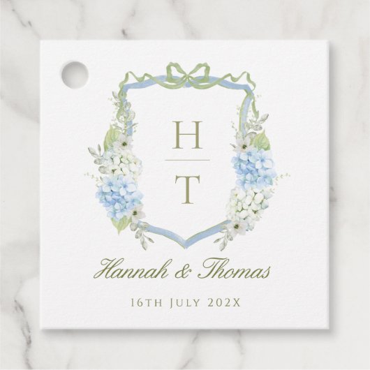 Blue Hydrangea Crest Wedding Monogram フェイバータグ (正面)