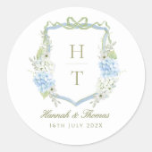 Blue Hydrangea Crest Wedding Monogram ラウンドシール (正面)