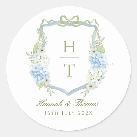 Blue Hydrangea Crest Wedding Monogram ラウンドシール (正面)