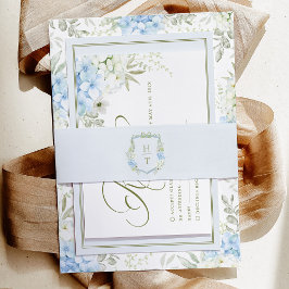 Blue Hydrangea Crest Wedding Monogram 招待状ベリーバンド