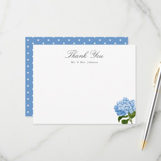 Blue Hydrangea Custom Name Thank You Flat Card 出欠カード (正面/裏面インサイチュ)