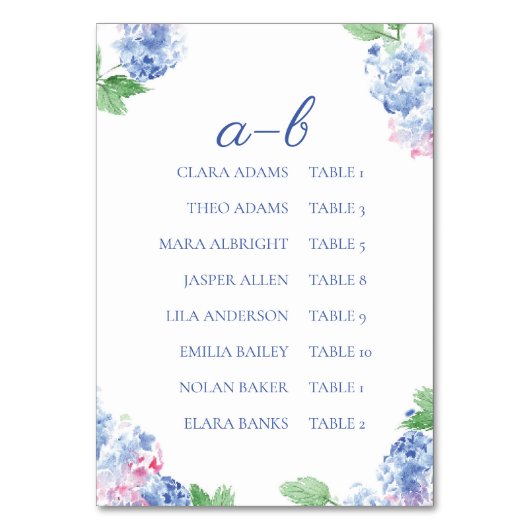 Blue Hydrangea Elegant Alphabetic Seating Charts テーブルナンバー (正面)