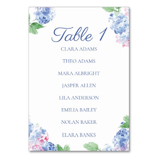 Blue Hydrangea Elegant Numeric Seating Chart Card テーブルナンバー (正面)