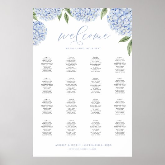Blue Hydrangea Extra Large Seating Chart Poster ポスター (正面)