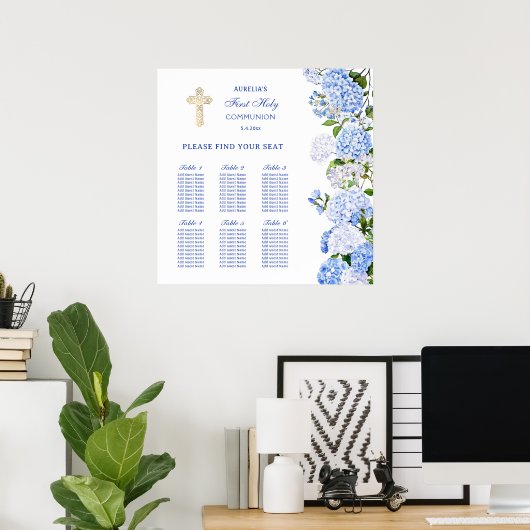 Blue Hydrangea First Communion Seating Chart ポスター (ホームオフィス)