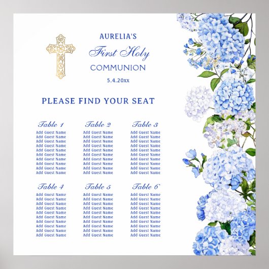 Blue Hydrangea First Communion Seating Chart ポスター (正面)
