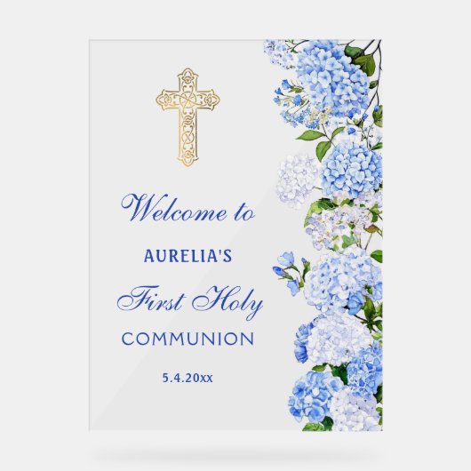 Blue Hydrangea First Communion Welcome アクリルサイン (正面)