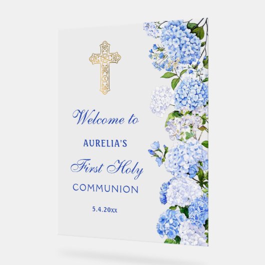 Blue Hydrangea First Communion Welcome アクリルサイン (傾斜)