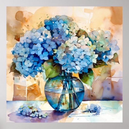 Blue Hydrangea Floral Art ポスター (正面)