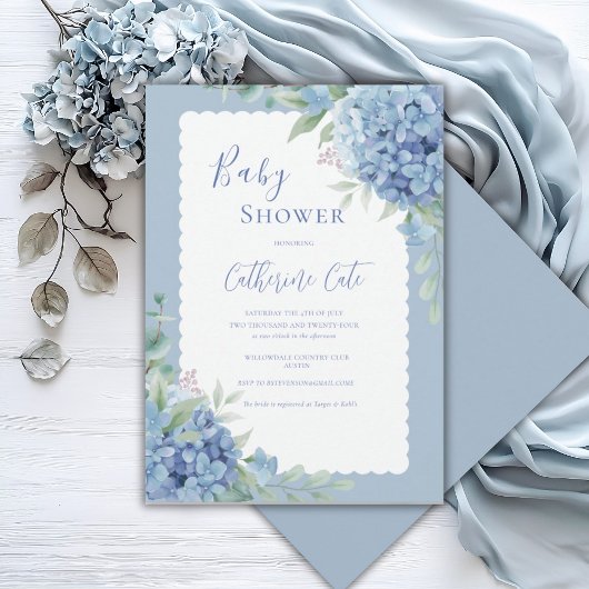 Blue Hydrangea Floral Baby Elegant Shower 招待状