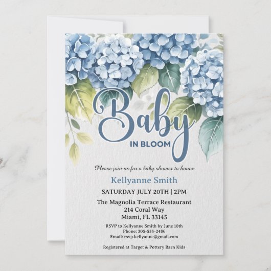 Blue Hydrangea Floral "Baby In Bloom" Shower 招待状 (正面)