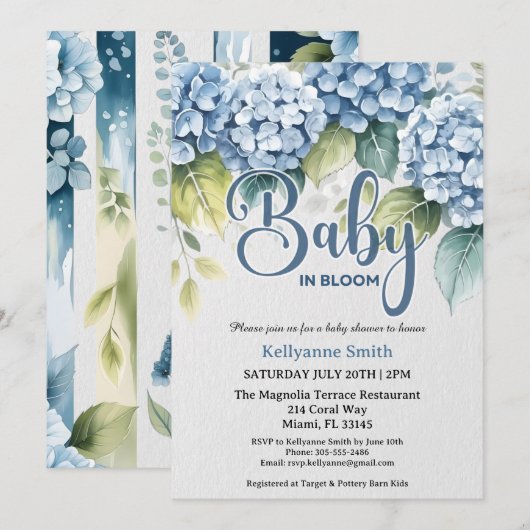 Blue Hydrangea Floral "Baby In Bloom" Shower 招待状 (正面/裏面)