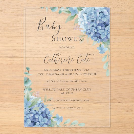 Blue Hydrangea Floral Baby Shower アクリル招待状 (正面)