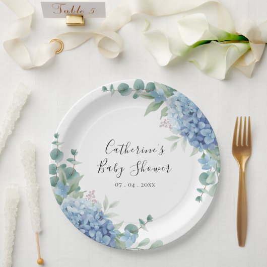 Blue Hydrangea Floral Baby Shower ペーパープレート (ウェディング)