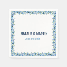 Blue Hydrangea Floral Border Wedding Personalized スタンダードカクテルナプキン