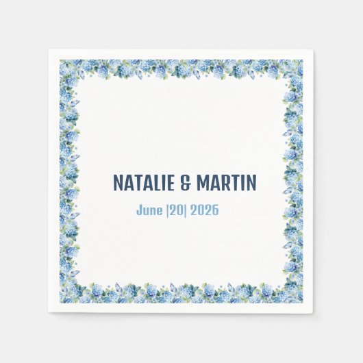 Blue Hydrangea Floral Border Wedding Personalized スタンダードカクテルナプキン (正面)