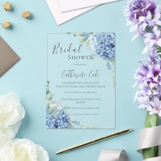 Blue Hydrangea Floral Bridal Shower アクリル招待状 (インサイチュ (ウェディング))