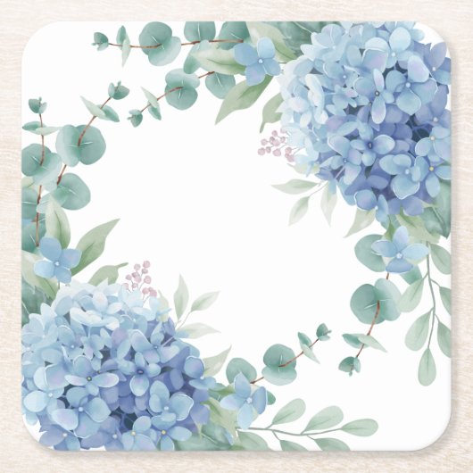 Blue Hydrangea Floral Bridal Shower スクエアペーパーコースター (正面)