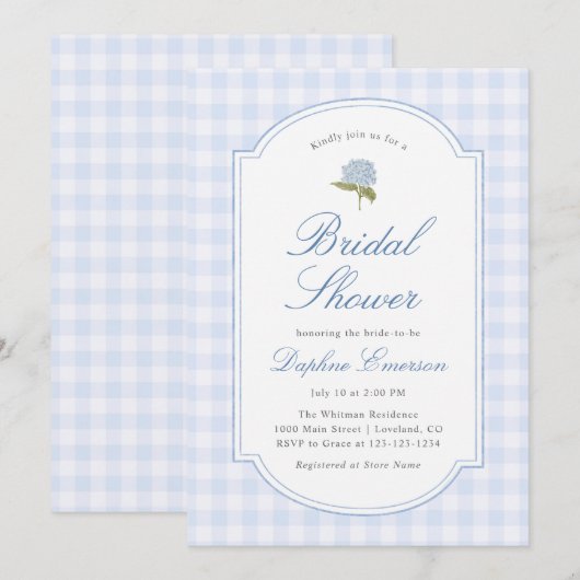 Blue Hydrangea Floral Bridal Shower 招待状 (正面/裏面)