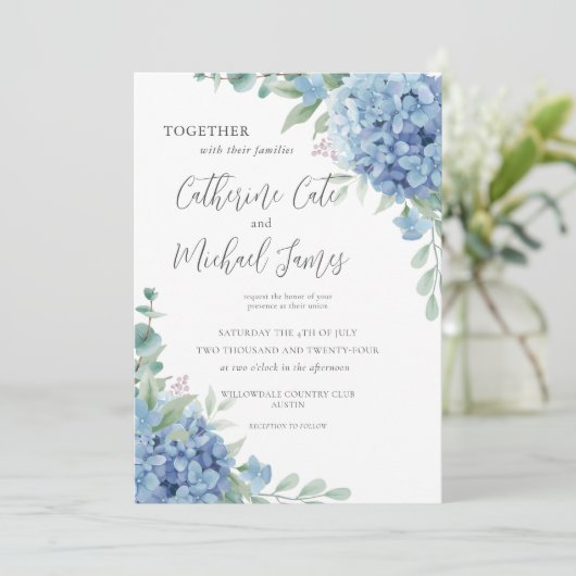 Blue Hydrangea Floral Budget Wedding 招待状 (スタンド正面)