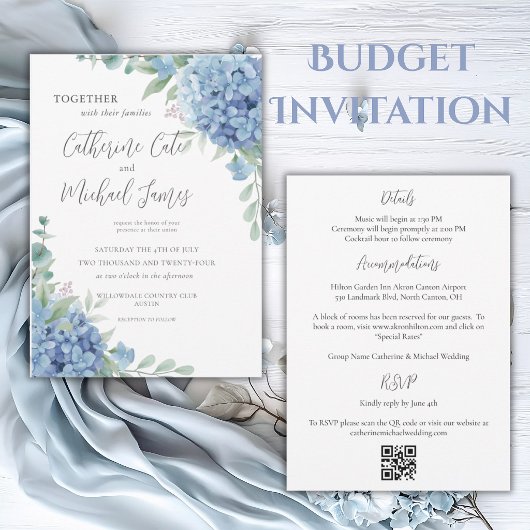 Blue Hydrangea Floral Budget Wedding 招待状