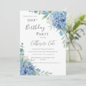 Blue Hydrangea Floral Elegant 100th Birthday 招待状 (スタンド正面)