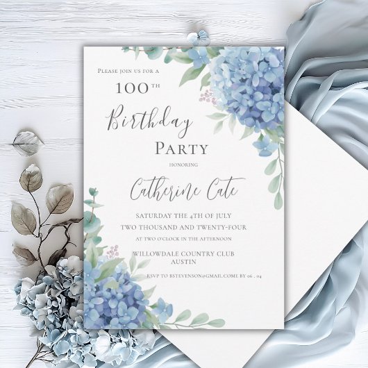 Blue Hydrangea Floral Elegant 100th Birthday 招待状