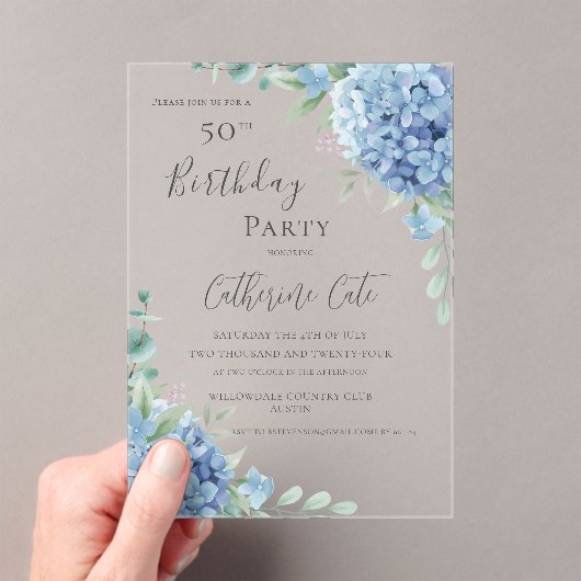 Blue Hydrangea Floral Elegant 50th Birthday アクリル招待状 (インサイチュ (ポータブル))