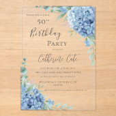 Blue Hydrangea Floral Elegant 50th Birthday アクリル招待状 (正面)