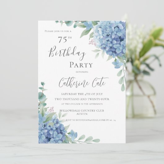 Blue Hydrangea Floral Elegant 75th Birthday 招待状 (スタンド正面)
