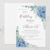 Blue Hydrangea Floral Elegant 75th Birthday 招待状 (正面/裏面)
