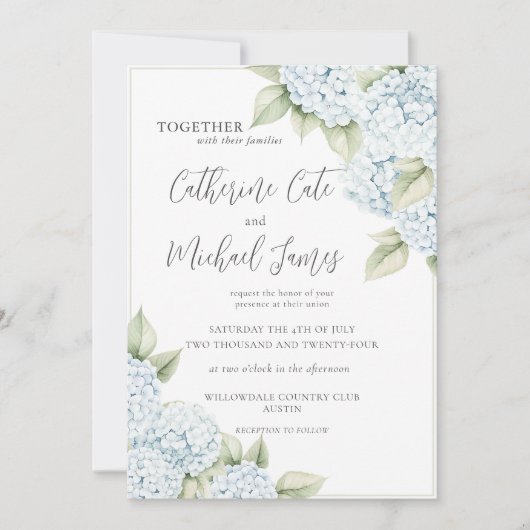 Blue Hydrangea Floral Elegant Wedding 招待状 (正面)