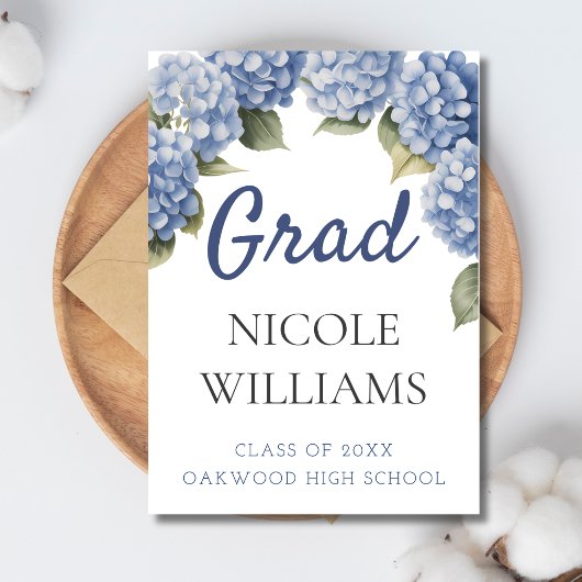 Blue Hydrangea Floral Grad Announcement Card 案内状
