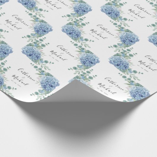 Blue Hydrangea Floral Personalized Wedding  ラッピングペーパー (角)