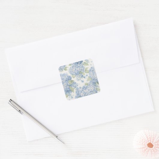 Blue Hydrangea Floral Sticker • Coastal Gift スクエアシール (封筒)