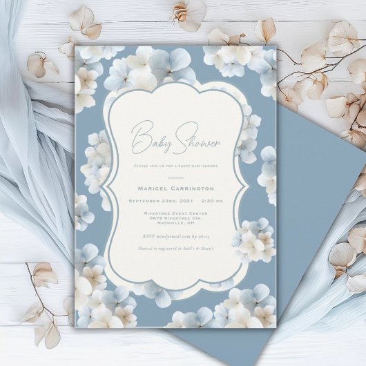 Blue Hydrangea Floral Vintage Baby Shower 招待状