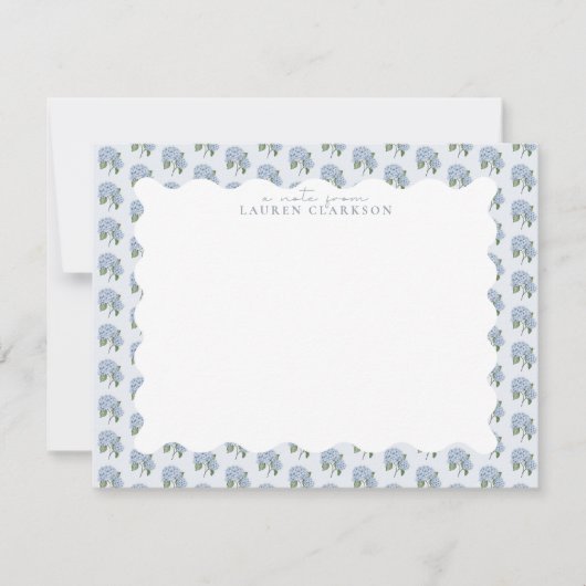 Blue Hydrangea Floral Wavy Border Note Card ノートカード (正面)