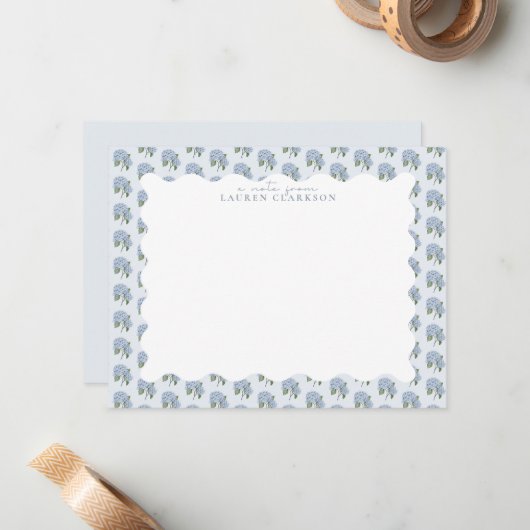 Blue Hydrangea Floral Wavy Border Note Card ノートカード (正面/裏面インサイチュ)