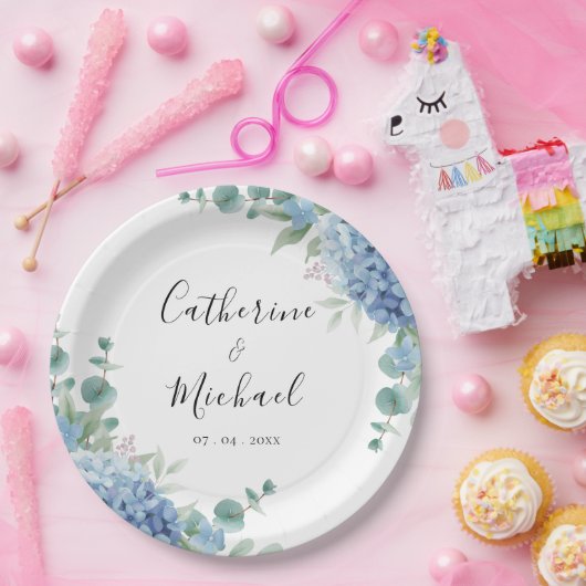 Blue Hydrangea Floral Wedding ペーパープレート (パーティー)