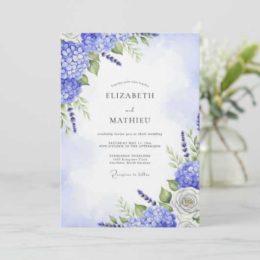 Blue Hydrangea Floral Whimsy Wedding 招待状 (スタンド正面)