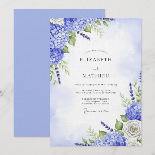 Blue Hydrangea Floral Whimsy Wedding 招待状 (正面/裏面)