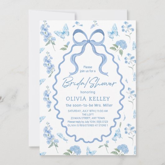 Blue Hydrangea Flower Bridal Shower Invitation 招待状 (正面)