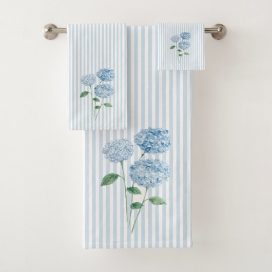 Blue Hydrangea Flower Painting Blue Stripe バスタオルセット (インサイチュ)